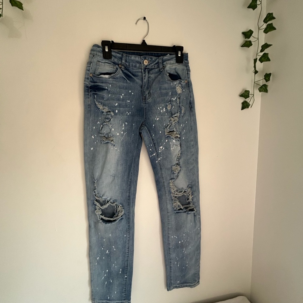 Distressed Blue Jeans with Paint Splatter